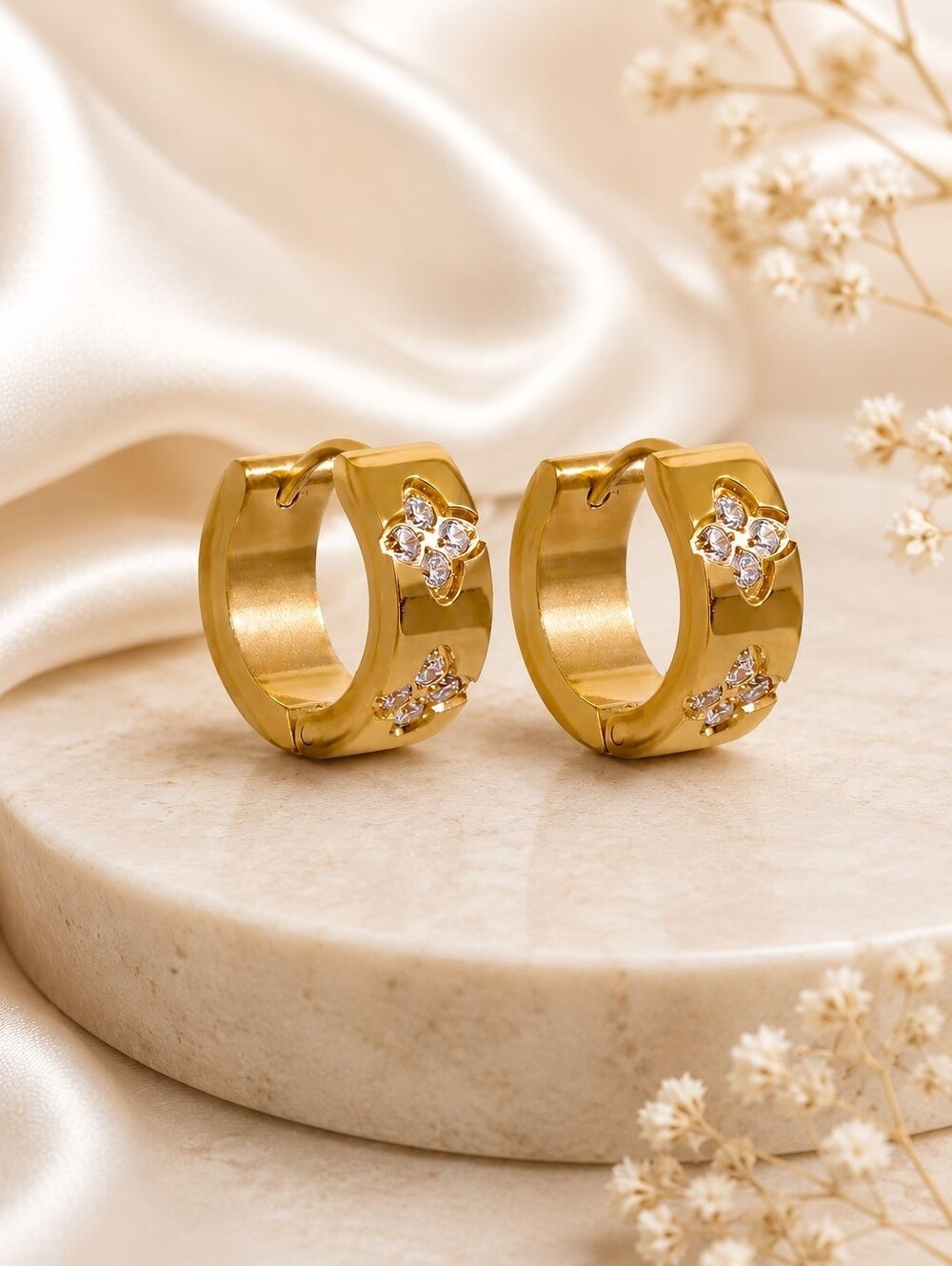 Luxury Stainless Steel Gold Floral CZ Huggie Earrings